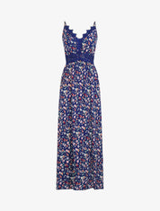 Robe longue à col dentelle et imprimé fleuri - Marine - 1