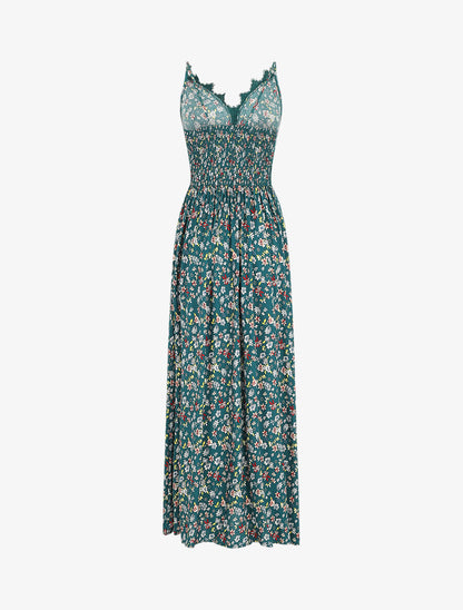 Robe longue à col dentelle et imprimé fleuri - Vert - 2