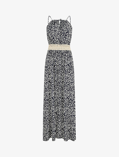 Robe longue à col américain et dentelle - Bleu nuit - 1