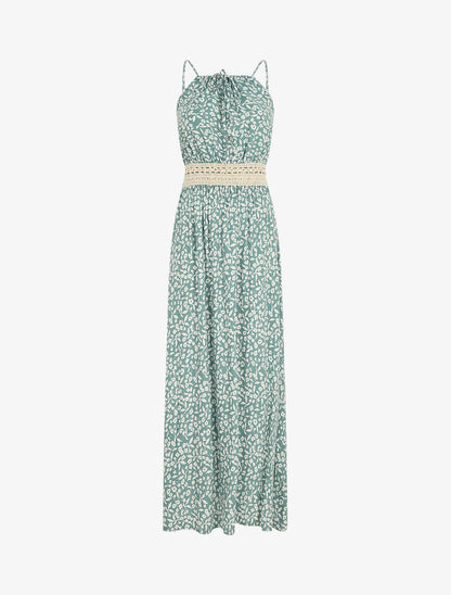 Robe longue à col américain et dentelle - Vert - 5