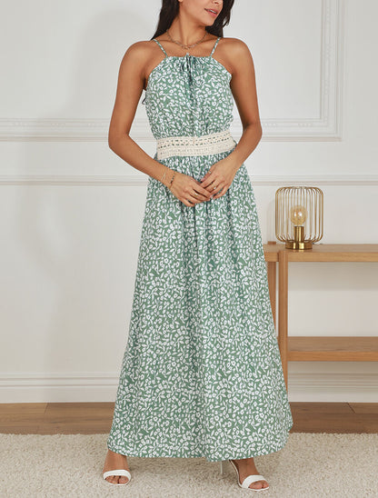 Robe longue à col américain et dentelle - Vert - 4