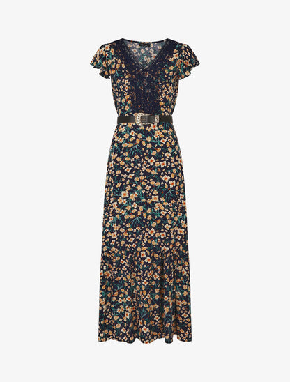 Robe longue élastiquée imprimé fleuri et broderies - Marine - 5