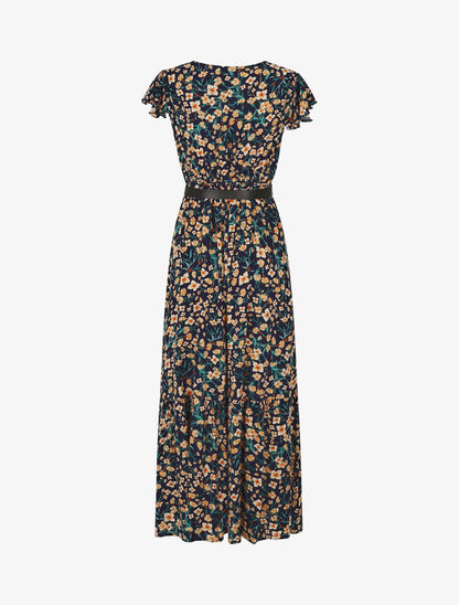 Robe longue élastiquée imprimé fleuri et broderies - Marine - 2