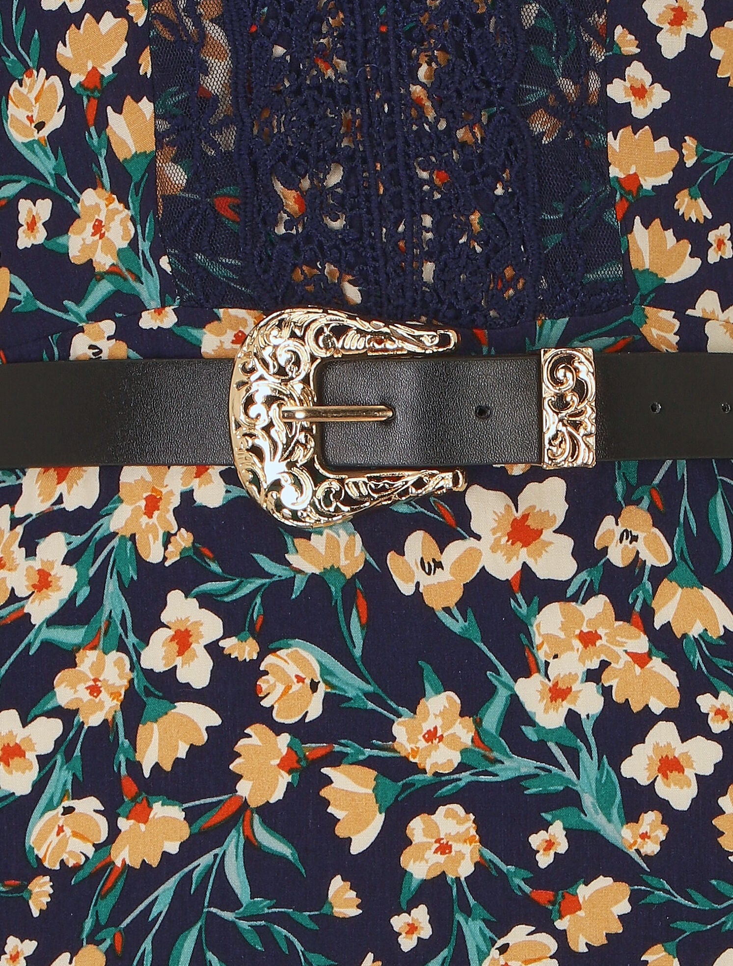 Robe longue élastiquée imprimé fleuri et broderies - Marine - 3