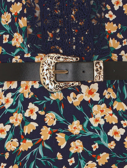 Robe longue élastiquée imprimé fleuri et broderies - Marine - 3