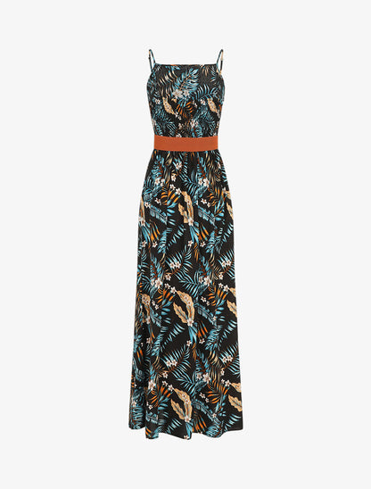 Robe longue droite à imprimé feuillage - Noir - 2
