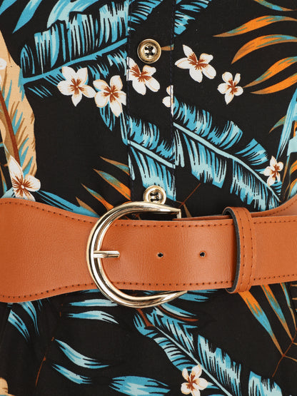 Robe longue droite à imprimé feuillage - Noir - 3