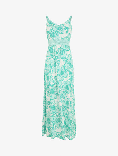 Robe longue imprimé fleurs et dentelle - Vert - 5