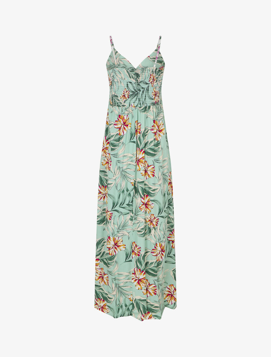 Robe longue empire imprimé fleurs des îles - Vert d&
