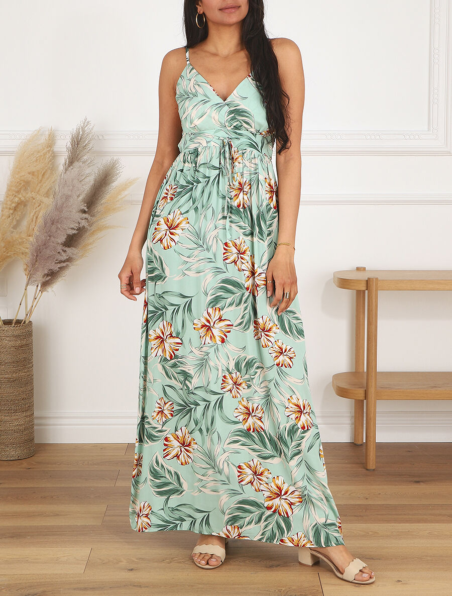 Robe longue empire imprimé fleurs des îles - Vert d&