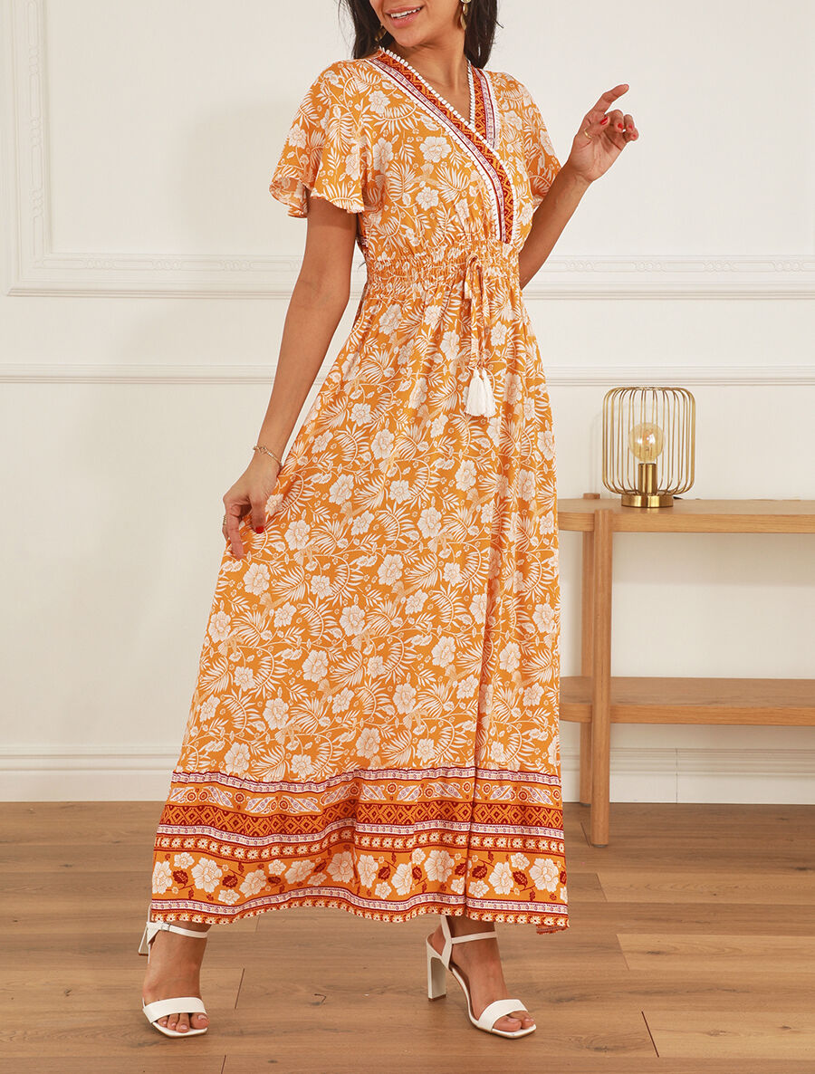 Robe imprimé fleuri à manches volantées - Orange - 4