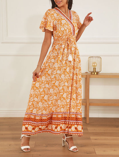 Robe imprimé fleuri à manches volantées - Orange - 4