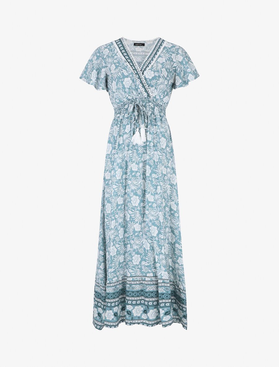 Robe imprimé fleuri à manches volantées - Vert d&