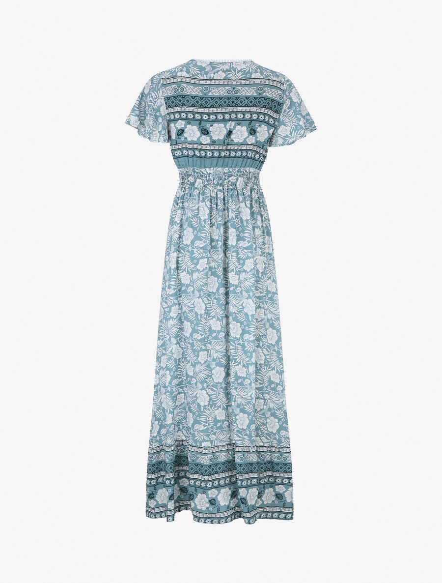 Robe imprimé fleuri à manches volantées - Vert d&