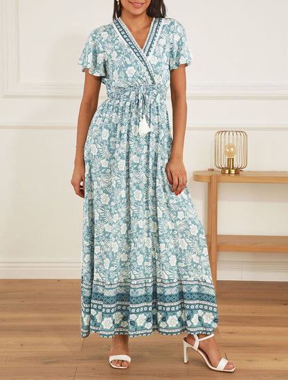 Robe imprimé fleuri à manches volantées - Vert d&