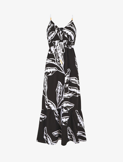 Robe à bretelles style cordes imprimé grandes feuilles - Noir - 1