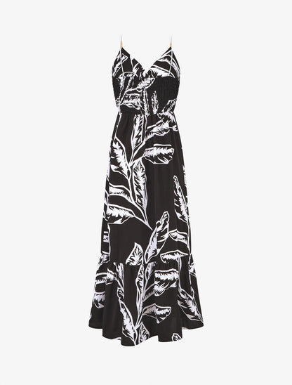 Robe à bretelles style cordes imprimé grandes feuilles - Noir - 2