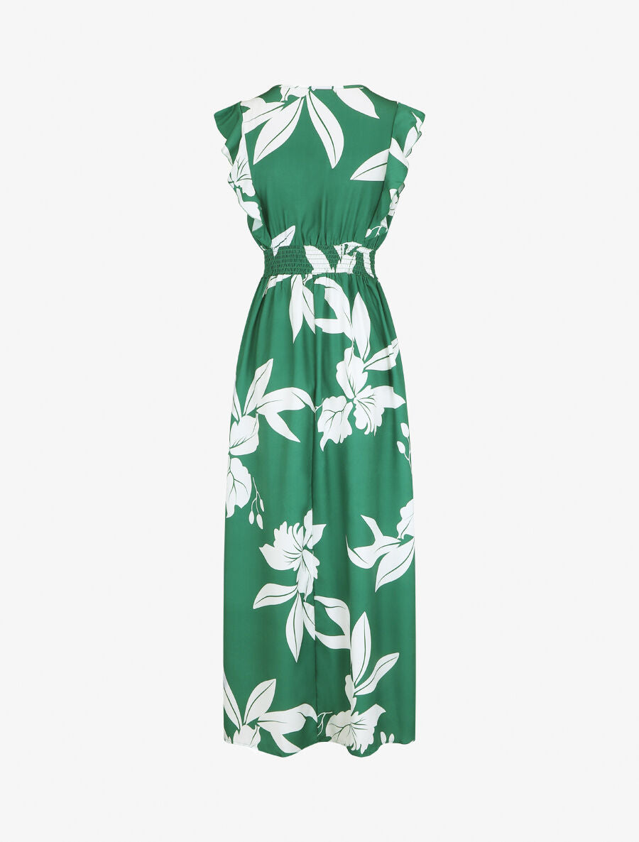 Robe longue motif végétal sans manches à volants - Vert - 2