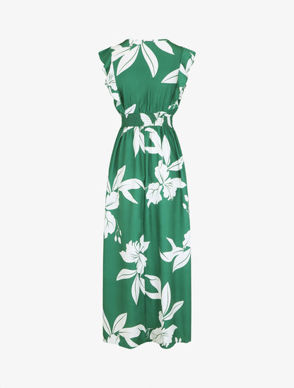 Robe longue motif végétal sans manches à volants - Vert - 2