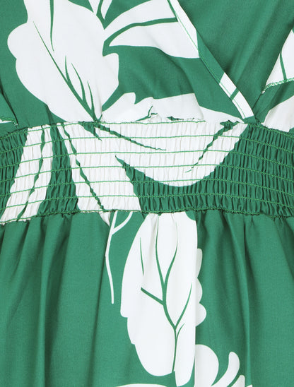 Robe longue motif végétal sans manches à volants - Vert - 3