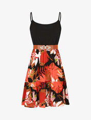 Robe mi-longue bicolore imprimé tropical - Noir - 1