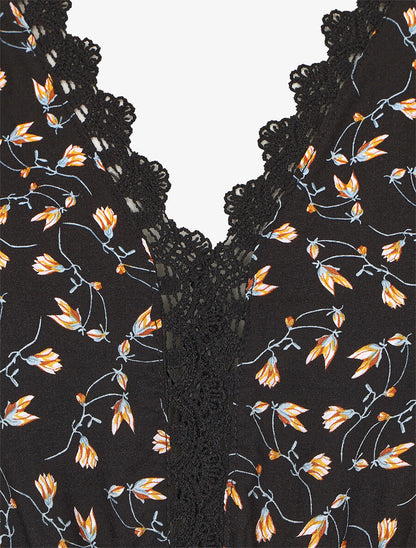 Robe imprimé petites fleurs à double manches - Noir - 3