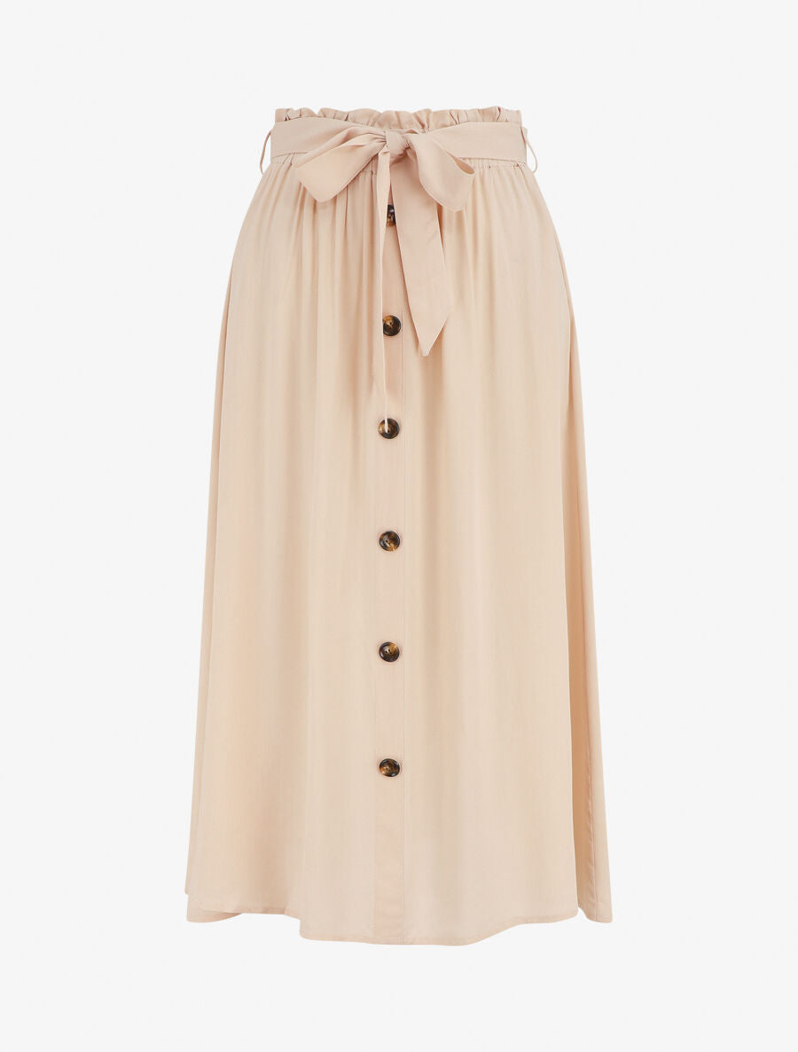 Jupe midi unie évasée à boutons - Beige - 4