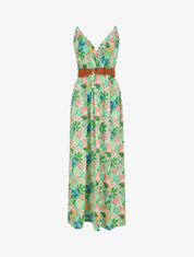 Robe longue imprimé feuilles sauvages à bretelles - Vert - 1