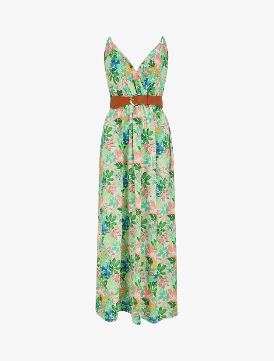 Robe longue imprimé feuilles sauvages à bretelles - Vert - 1