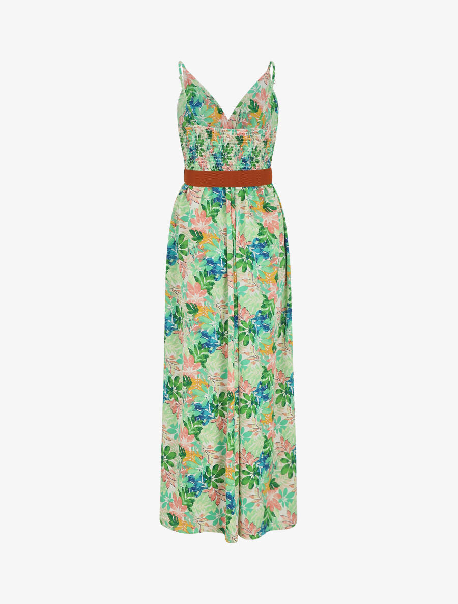 Robe longue imprimé feuilles sauvages à bretelles - Vert - 2