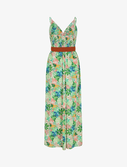 Robe longue imprimé feuilles sauvages à bretelles - Vert - 2