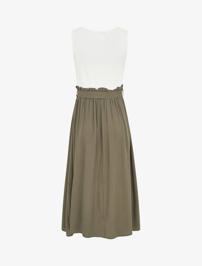 Robe longue évasée sans manches bicolore - Kaki - 2