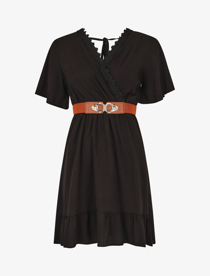 Robe courte unie col dentelle et bords volantés - Noir - 4