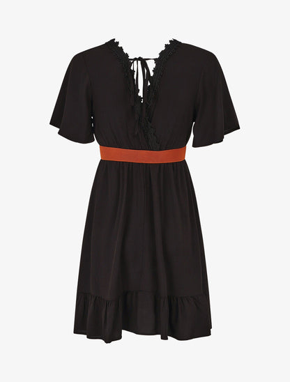 Robe courte unie col dentelle et bords volantés - Noir - 2