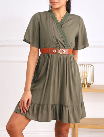 Robe courte unie col dentelle et bords volantés - Kaki - 4