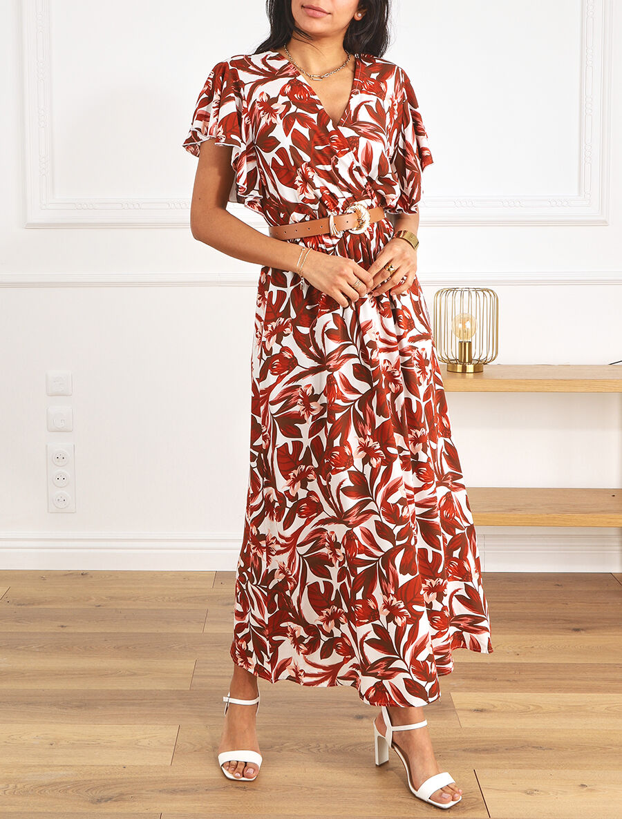 Robe longue manches courtes imprimé floral - Marron - 4