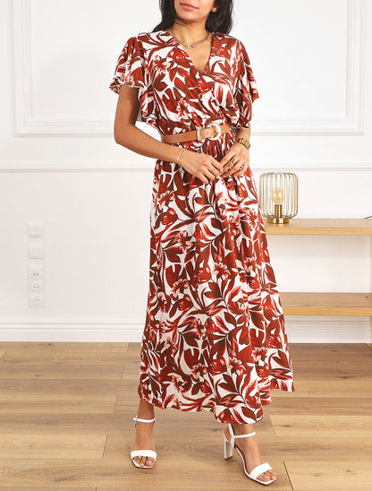 Robe longue manches courtes imprimé floral - Marron - 4