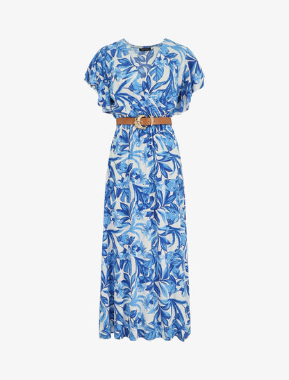 Robe longue manches courtes imprimé floral - Bleu - 5