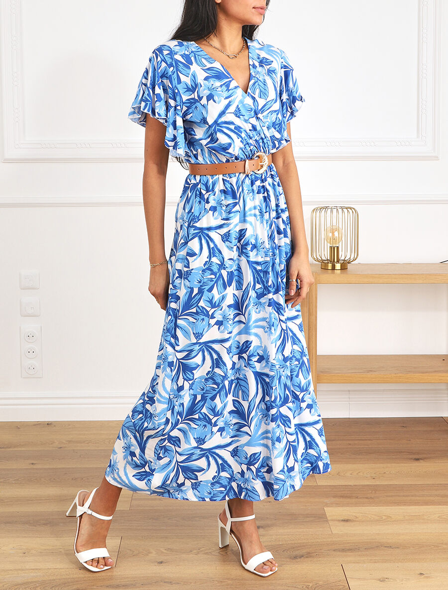 Robe longue manches courtes imprimé floral - Bleu - 4