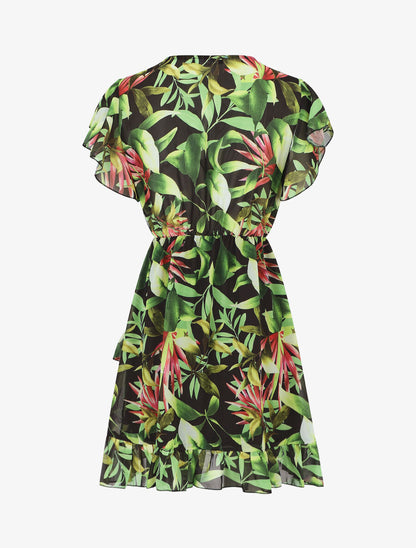 Robe courte volantée imprimé tropical - Noir - 2
