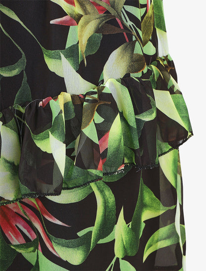 Robe courte volantée imprimé tropical - Noir - 3