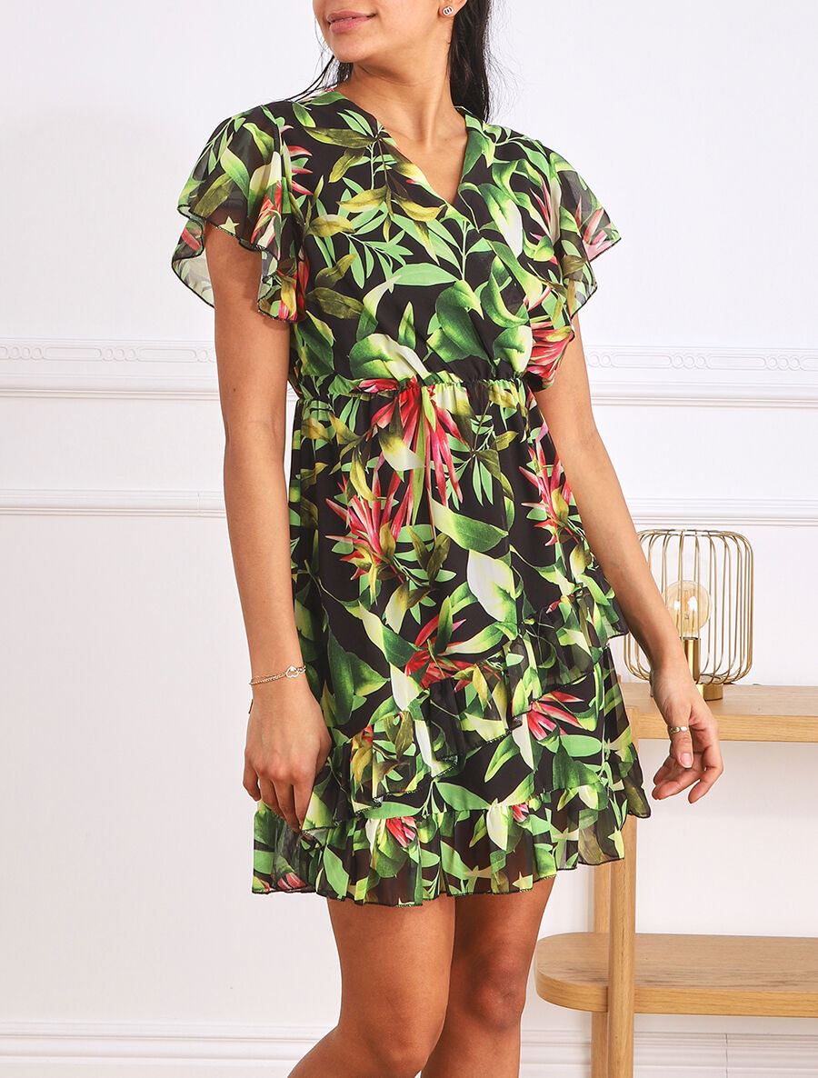 Robe courte volantée imprimé tropical - Noir - 4