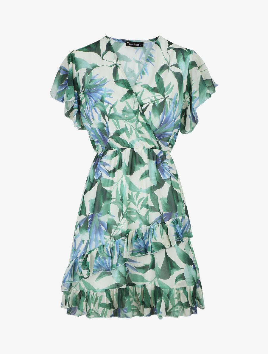 Robe courte volantée imprimé tropical - Vert - 5