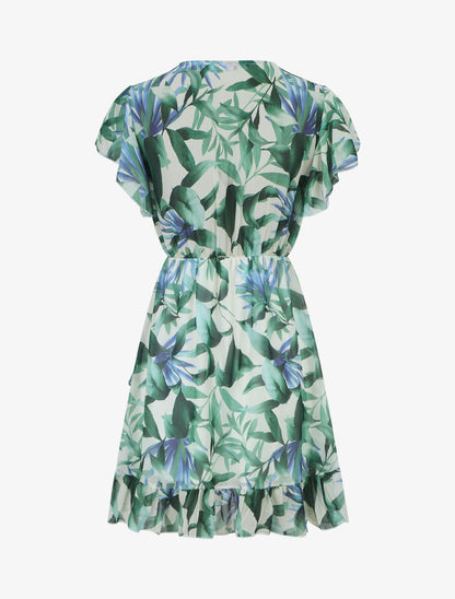 Robe courte volantée imprimé tropical - Vert - 2