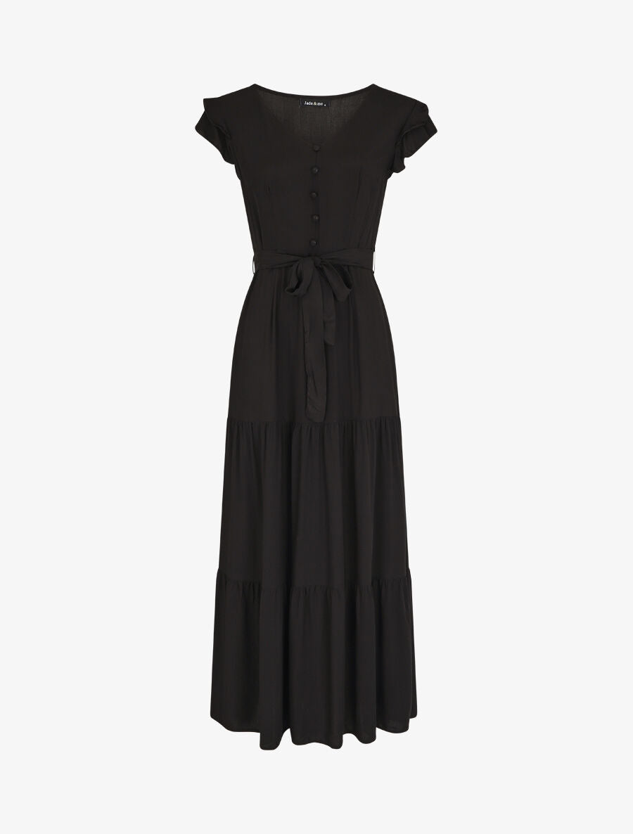 Robe longue unie sans manches à volants - Noir - 4
