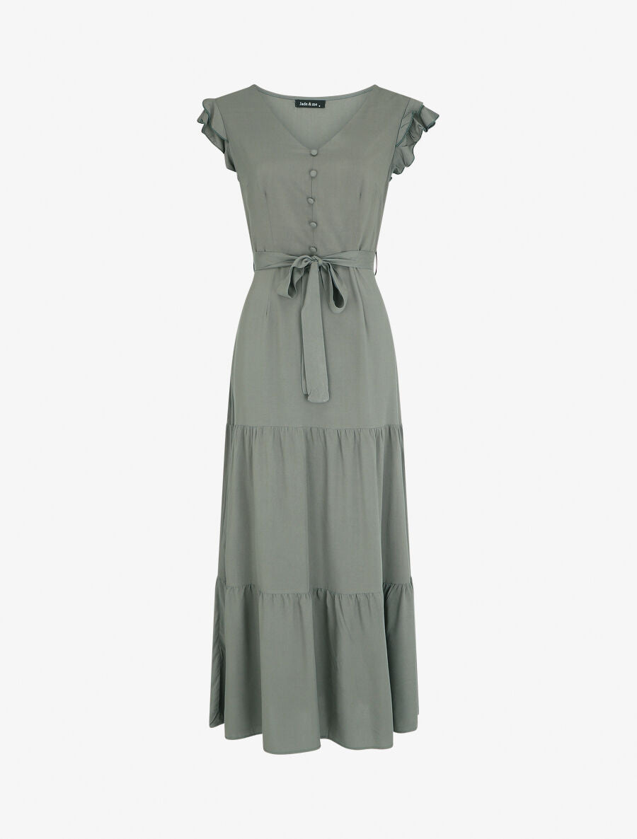 Robe longue unie sans manches à volants - Kaki - 5