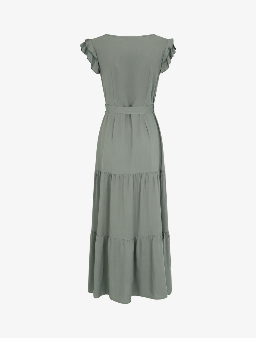 Robe longue unie sans manches à volants - Kaki - 2