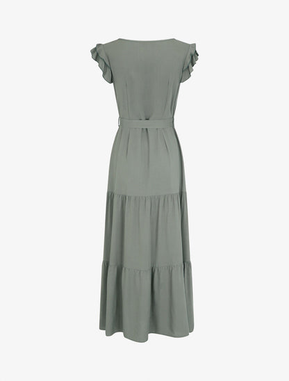 Robe longue unie sans manches à volants - Kaki - 2