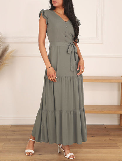 Robe longue unie sans manches à volants - Kaki - 4