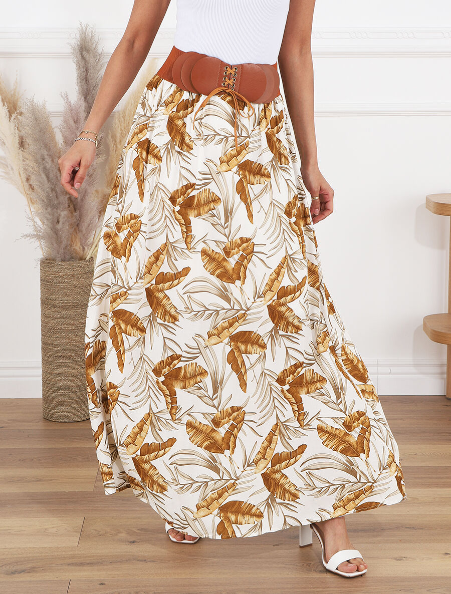 Jupe imprimée à taille haute ceinture stylisée - Blanc - 4